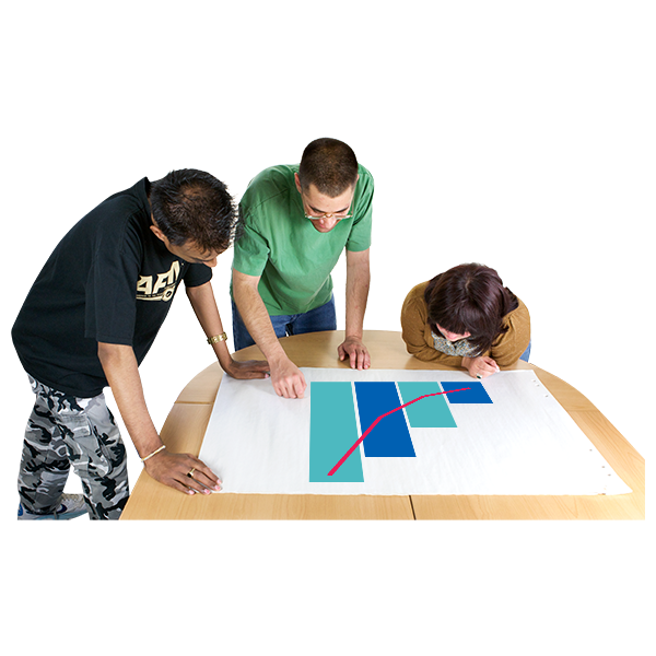 Three people together looking at a bar chart