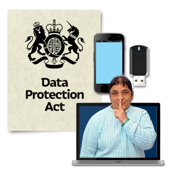 Data Protection Act document, person with finger on their lips, a USB and a phone.
