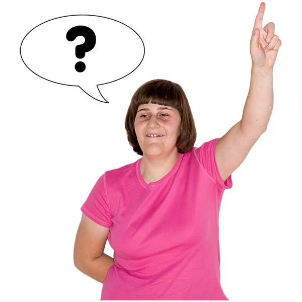 Person raising her hand with a speech bubble and question mark.