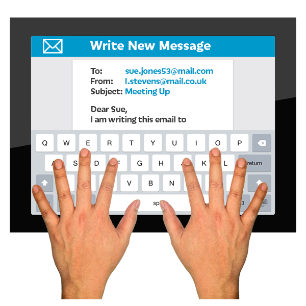 Hands writing an email on a tablet