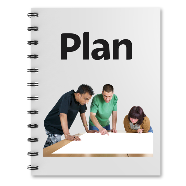 Notebook with people stood looking at paper on a table with 'plan' written above them.