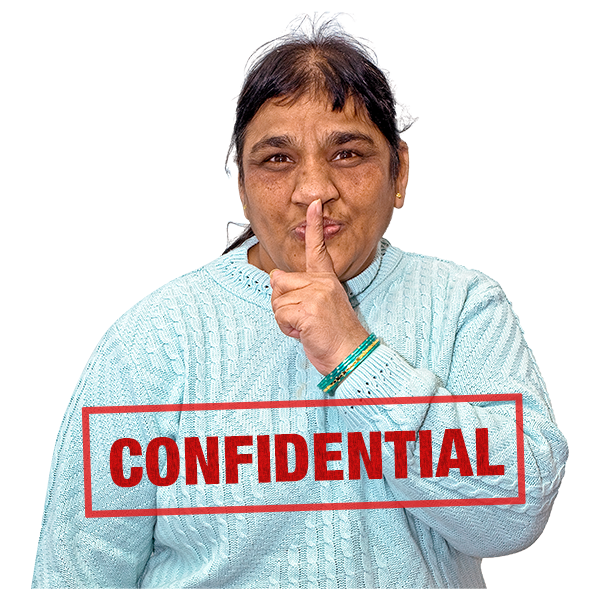 Person with their finger on their lips and the word 'confidential' on the image. 
