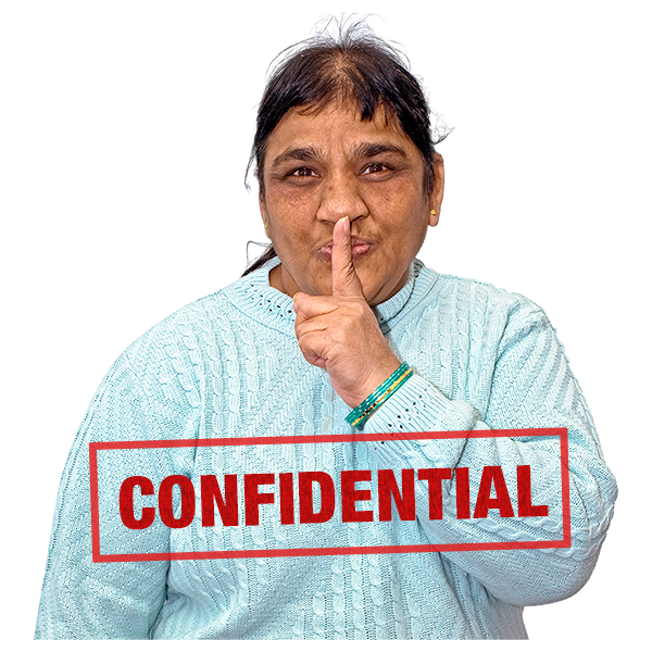 Person with their finger on their lips and the word 'confidential' on the image.