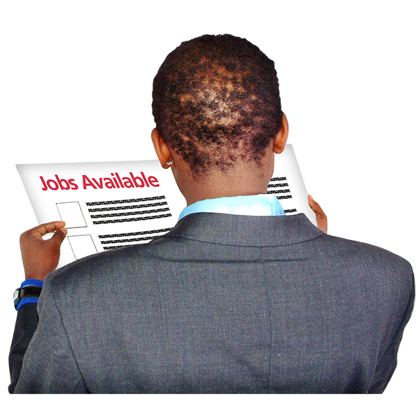 Photo of the back of someone's head while they read a newspaper titled 'Jobs Available'