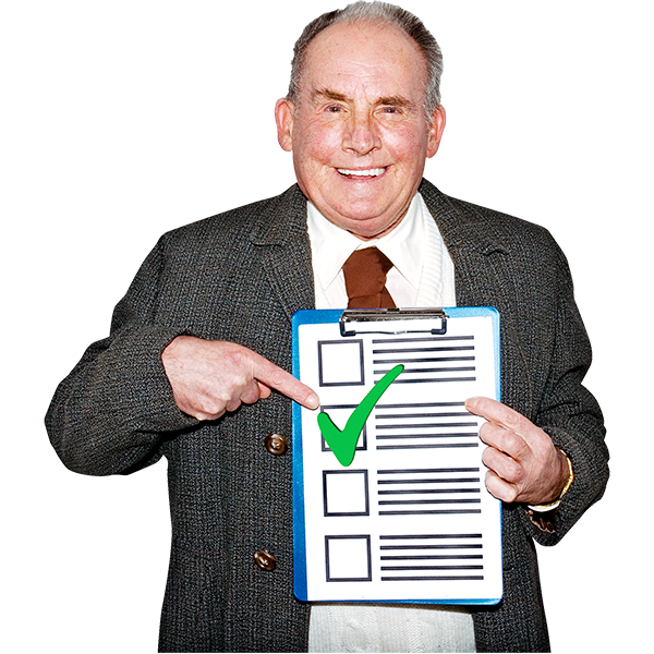 Person wearing a suit pointing at a tick list