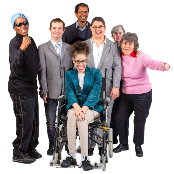 7 people together cheering with their friend who is a wheelchair user. 