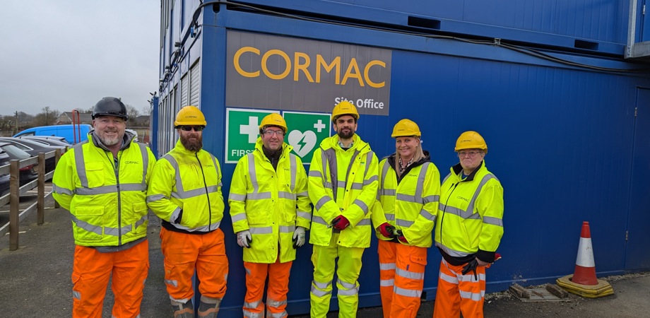 Truro and Penwith College’s Tom Lal and Hayley McKinstry with Cormac representatives on site at the Northern Access Road Project, Langarth. 