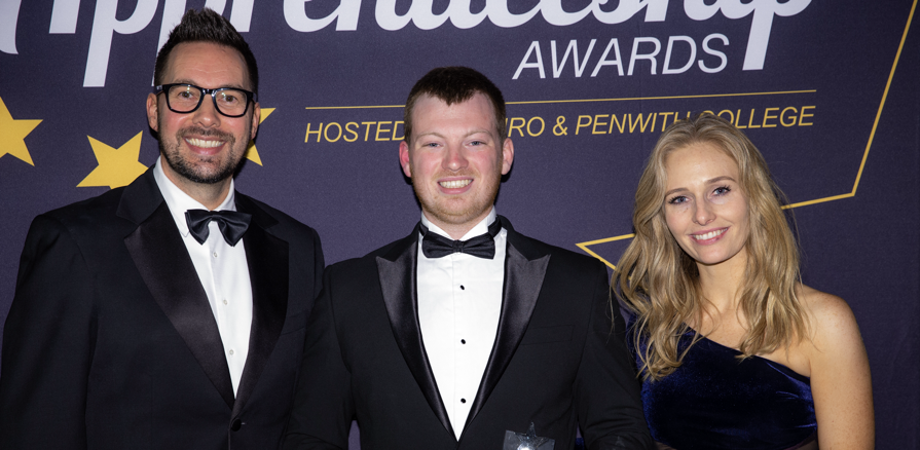 James Angliss from RCHT, Cornwall’s Apprentice of the Year 2024, with Holly Day and Neil Caddy.