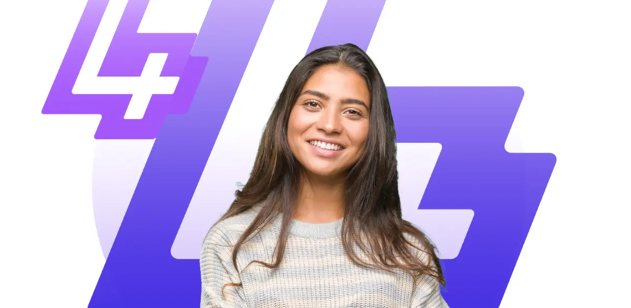 A smiling person in front of a logo featuring two purple 4s
