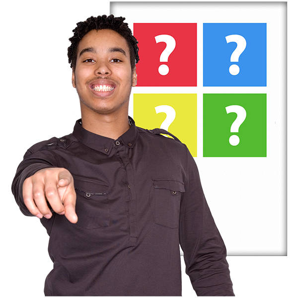 Person smiling pointing at the camera with different colour boxes behind with ? in 
